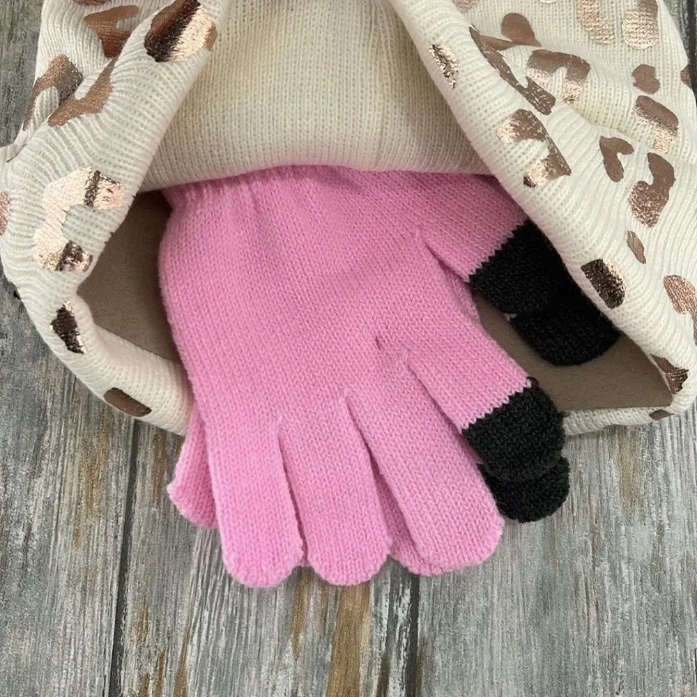 Girls Justice Ribbed & Full Print Winter Cozy Beanie and Gloves 2, 2-Piece Set